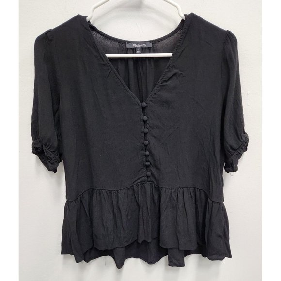 Madewell Tops - Madewell Womens Courtyard Ruffle Hem Blouse Small Black Button Front Peplum Top